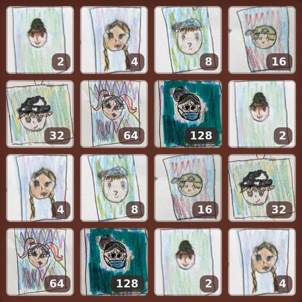 A full board of sixteen portraits with no two equal tiles touching.
